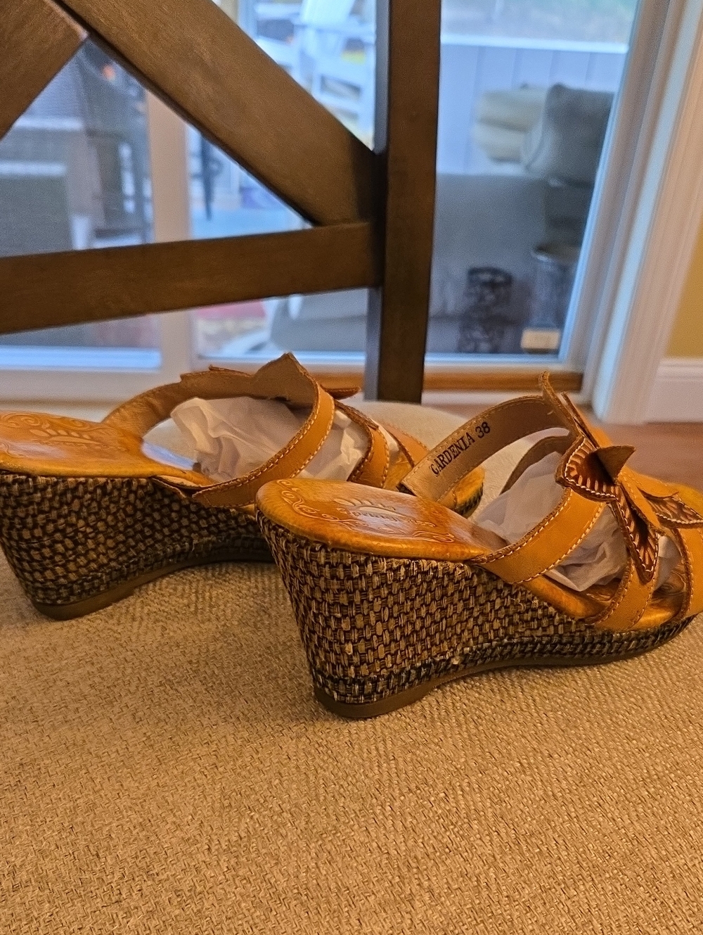 Spring Step Tan Leather Wedge Sandals with Woven Platform